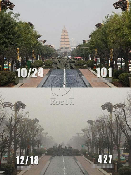 Photo contrast of Xi’an tourist attraction---Big Wild Goose Pagoda on Oct. 24th when it was sunny and clear and on Dec. 18th shrouded in heavy haze.